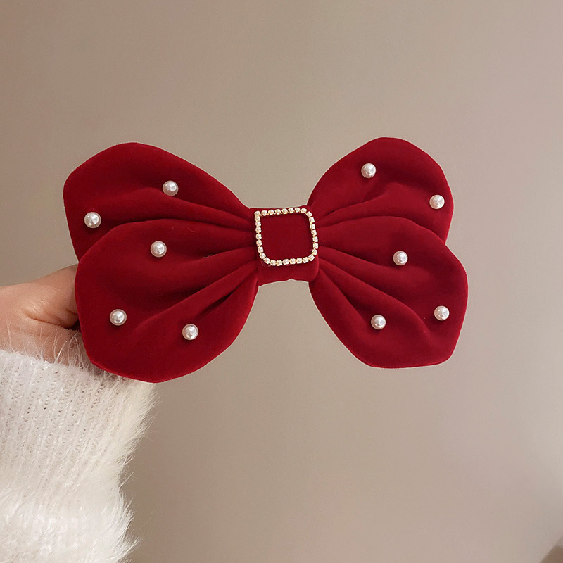 New Year's Retro Red Hairpin Christmas Headdress Diamond Pearl Fabric Bow Spring Clip display picture 4