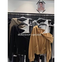 韩版2025早秋季新款美式风拼接斜领假两件休闲连帽拉链卫衣上衣女