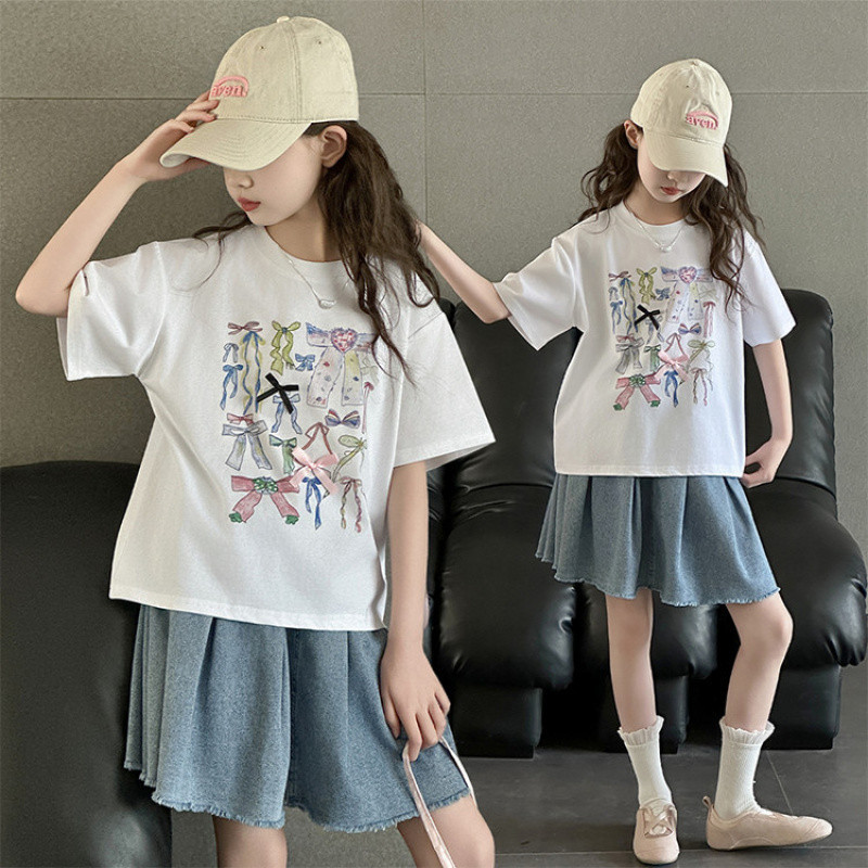 Zhili children's clothing girls' Korean style bow print T-shirt and jeans set, loose short-sleeved straight-leg pants for medium and large children 2