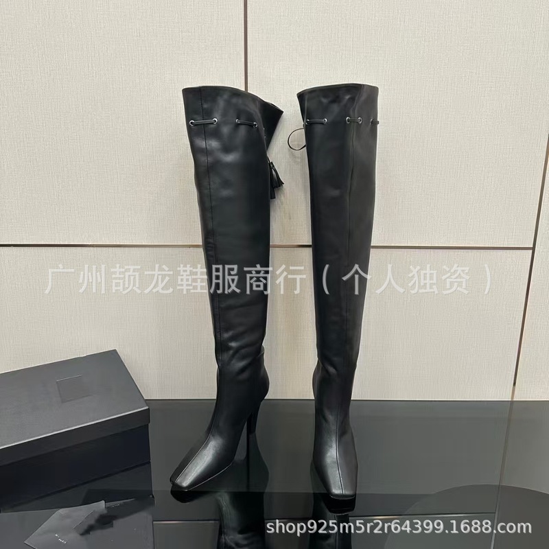 高端2025欧美新款时髦方头高跟过膝长靴女真皮流苏绑带褶皱堆堆靴|undefined