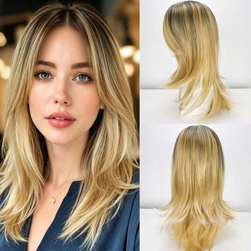 Cross-border European and American highlighted layered medium-long hair wig for women, middle-parted gradient blonde synthetic fiber wig, factory stock wholesale