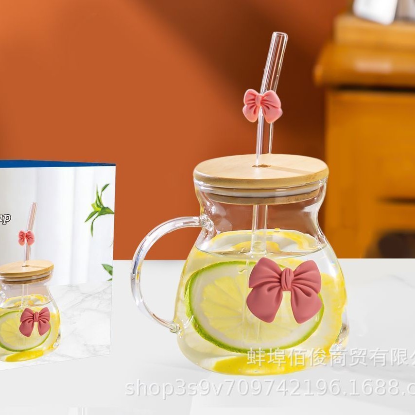 Taza de café de alto valor facial de vidrio transparente con mango de vidrio de alto silicio, taza de paja de hielo de bebidas americanas gordo