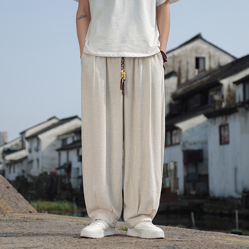2025 Spring/Summer New Chinese Style Men's Trendy Cotton Linen Casual Pants Japanese Style Plus Size Wide-Leg Draped Straight Pants