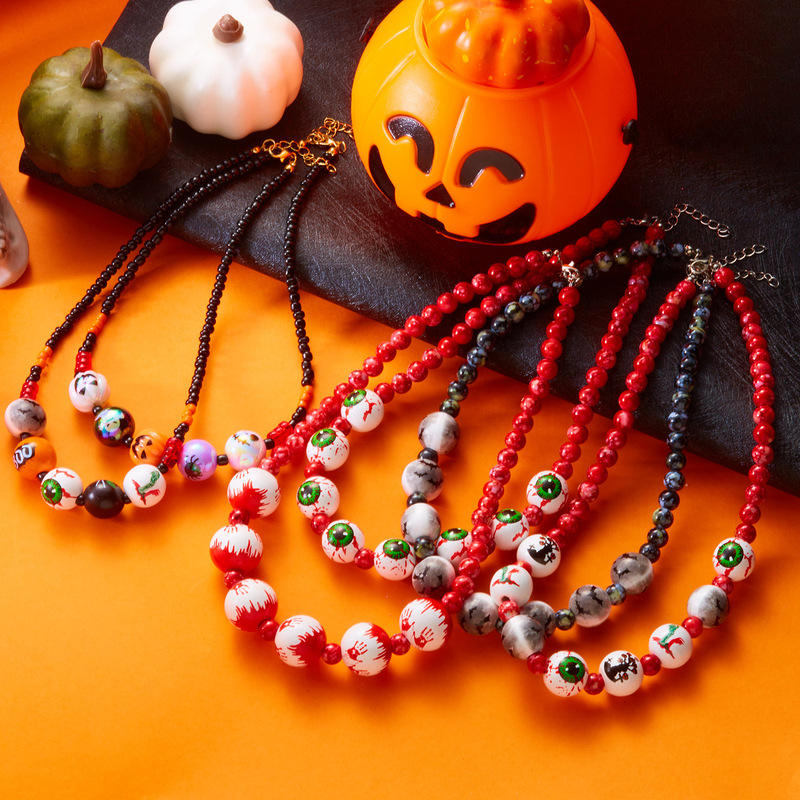 ダークゴシックスタイルニッチデザインハロウィンシリーズブラッドハンドプリントコウモリゴーストウッドビーズネックレスブレスレット|undefined