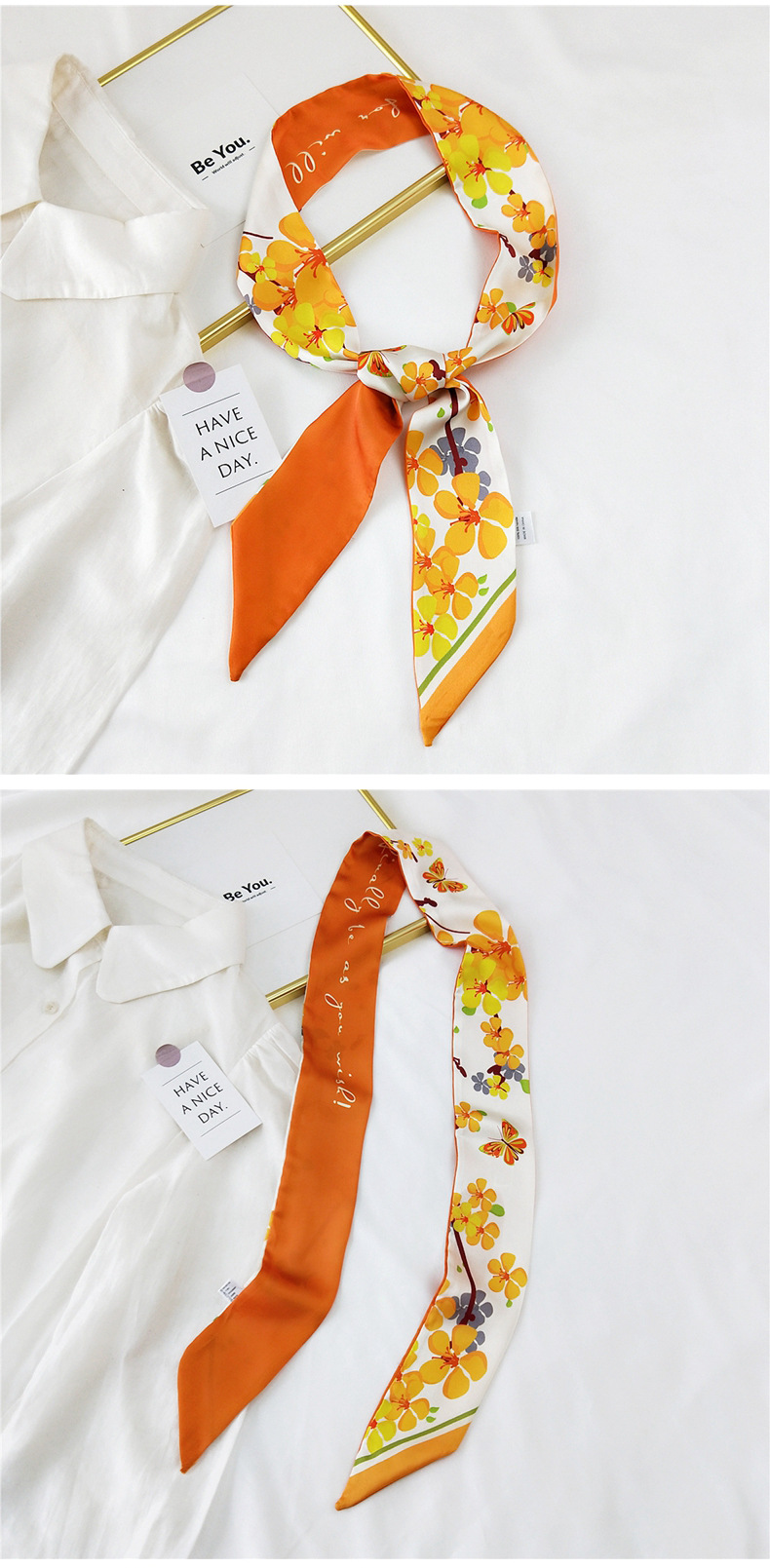 30g Weight Silk Scarf Classification Travel Occasion Unisex Gender Sweet Style White, Red, Green, Blue, Gold Color New Long Korean Style Fashion Printing Silk Scarf 4