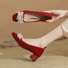 406-J11高跟鞋女秋粗跟2023年新款法式氣質小跟鞋新娘主婚鞋尖頭