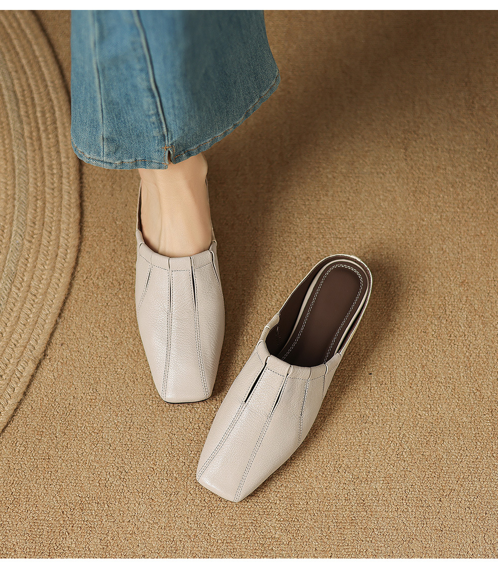 Giày mule nữ da dê mũi vuông đế bệt, phong cách Hàn Quốc — đen chi tiết 15