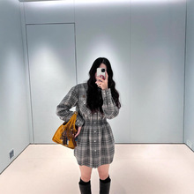 2025秋季新款南油miu复古宽松撞色格纹法兰绒收腰显瘦翻领衬衫裙