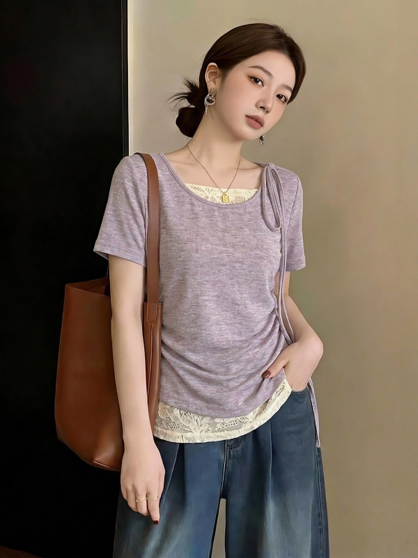 Áo thun tay ngắn nữ thiết kế ren nối giả hai lớp, phong cách Pháp thanh lịch — màu tím