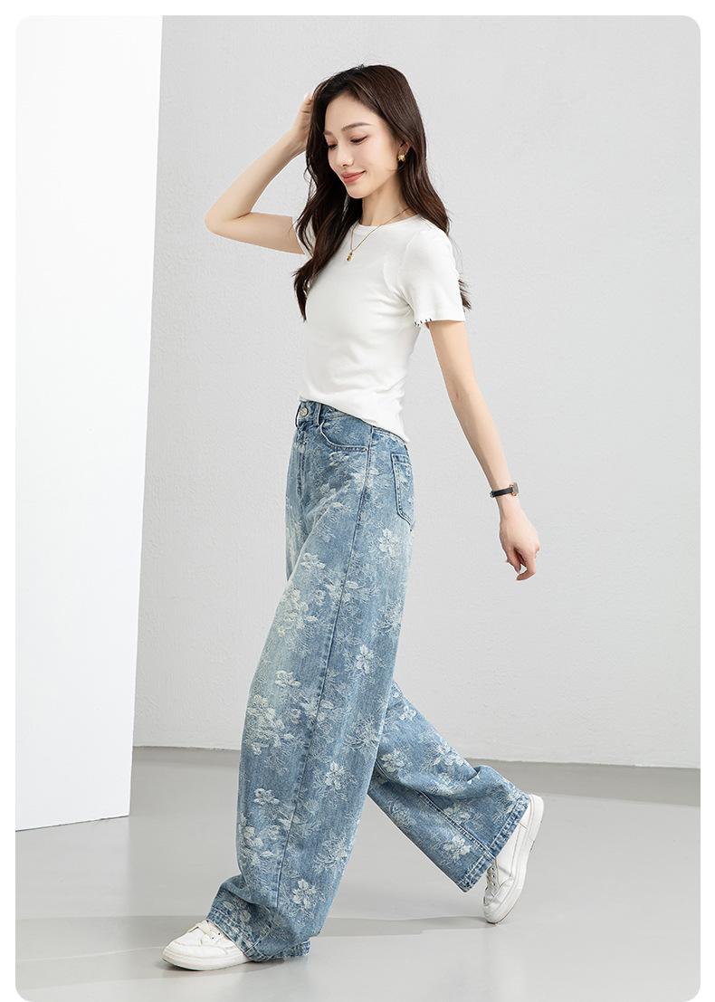Quần jean nữ ống rộng cạp cao họa tiết jacquard kiểu Trung Hoa mới — xanh lam chi tiết 19