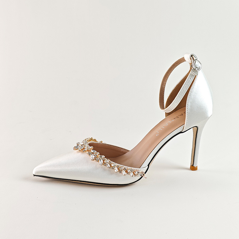 Women's Satin High Heels Sandals Single Buckle Strap Pointed Toe With Rhinestone Chain Hollow Sole Wedding Shoes New Style Summer_voghion.com