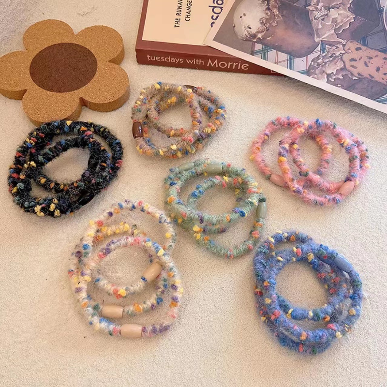 Candy color colorido punteado de lana banda de pelo cuerda de pelo chica corazón felpa accesorios para el cabello lazo de pelo banda de goma cuerda de pelo al por mayor