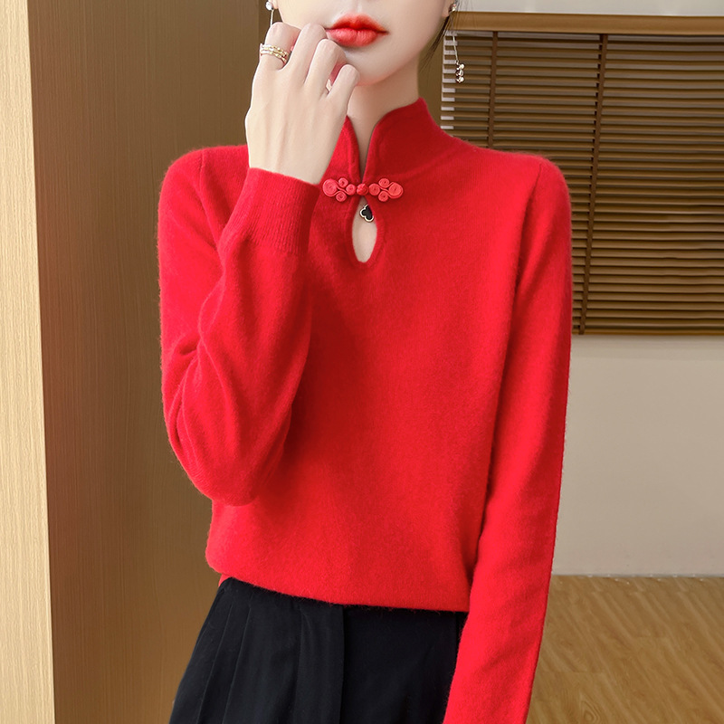Chinese Style Vintage Buckle Pure Woolen Sweater Women's Autumn and Winter New Cheongsam Collar Sweater Chinese Style Mock Collar Sweater