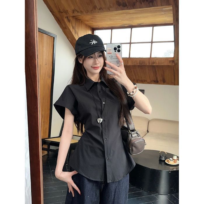 白色短袖POLO领衬衫女装夏季设计感收腰显瘦衬衣简约百搭开衫上衣|undefined