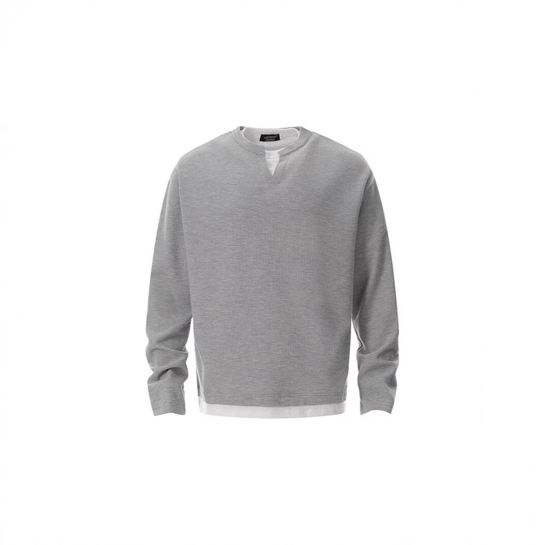Men's Clothing Waffle Knit Henley Neck Long Sleeve T-Shirt With Double-Layered Collar & V-Neck Design - Casual Loose Fit Pullover For Everyday Wear_voghion.com
