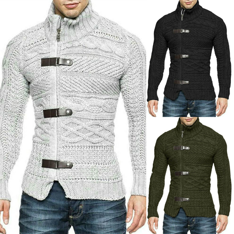 Turtleneck Sweater Men's Leather Button Long Sleeve Knitted Cardigan Jacket