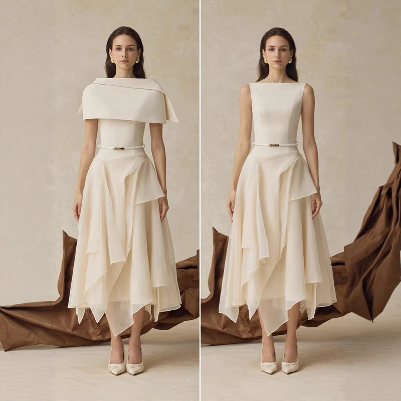 In-Stock Vietnamese Niche Designer Intellectual Style Irregular Waist-Cinching Long Dress Autumn Cape Two-Piece Gown Set