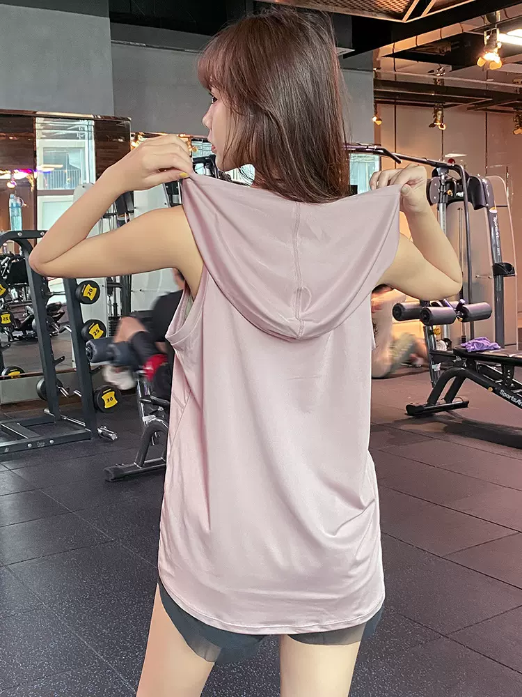 跨境运动连帽背心上衣女无袖罩衫长款训练瑜伽透气快干健身短袖