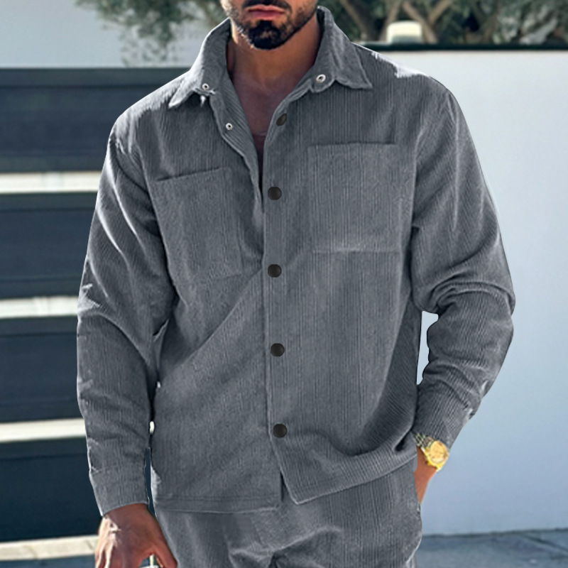 2023 transfronterizo de los hombres más el tamaño casual multi-Bolsillo camisa de botón de pana de color sólido Chaqueta de punto de los hombres delgados