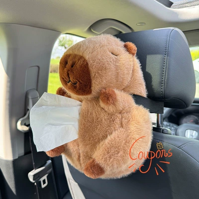 Car cartoon tissue box, seat back hanging tissue box, creative and cute car interior accessory tissue holder (Car tissue box/set) - capybara-brown-single