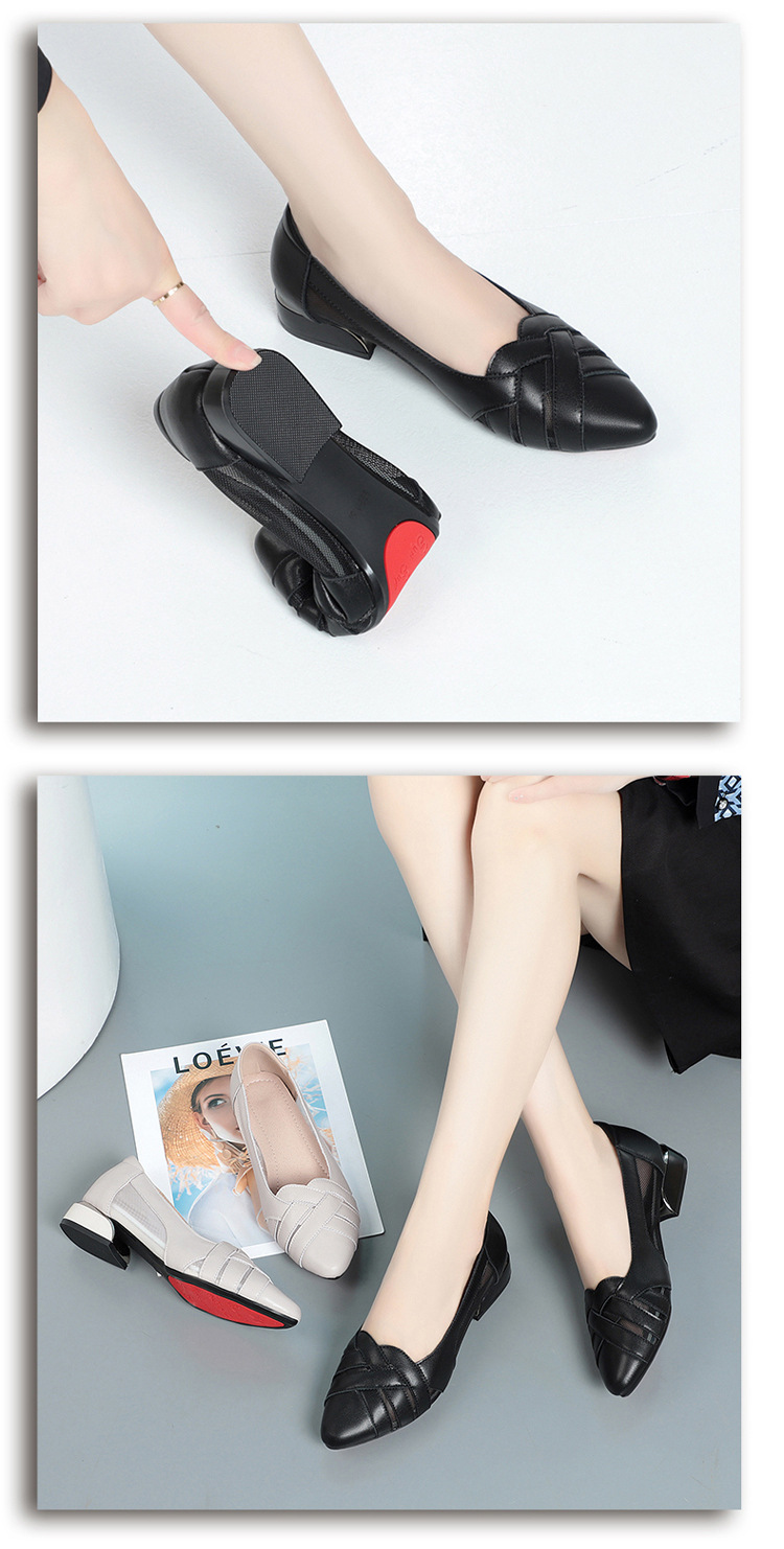 Sandal nữ da bò gót vuông thấp quai chữ V miệng nông mùa hè — Màu be xám (toàn bộ da bò) chi tiết 13