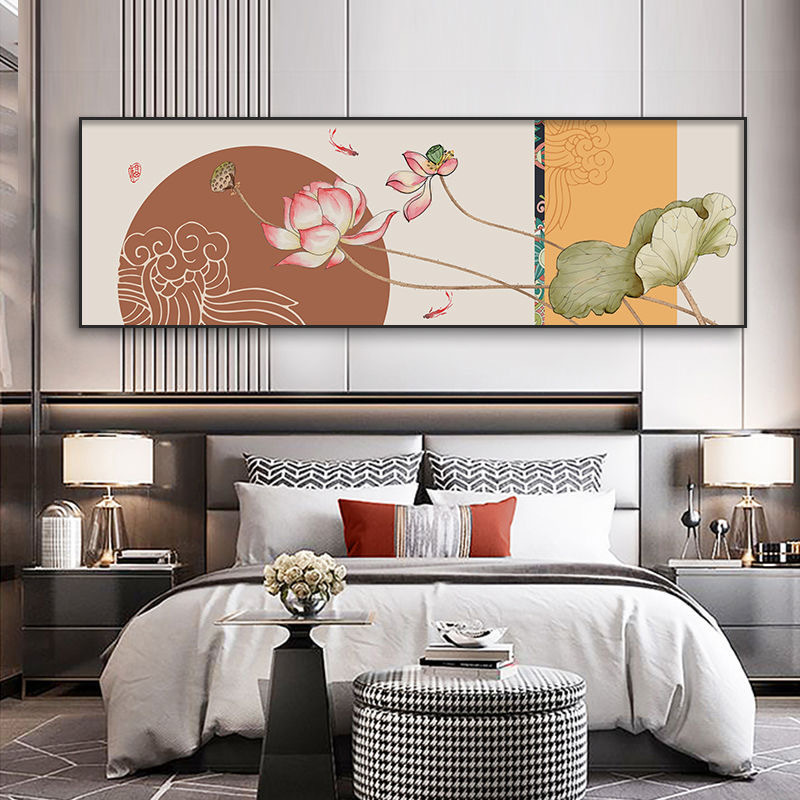 新中式主卧室床头装饰画书房茶室民宿酒店挂画荷花沙发背景墙壁画|undefined