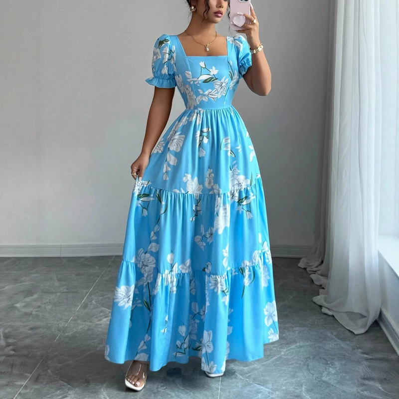 European and American Cross-Border Foreign Trade New Long Skirt Square Neck Amazon Dress Flower Print Elegant Temperament