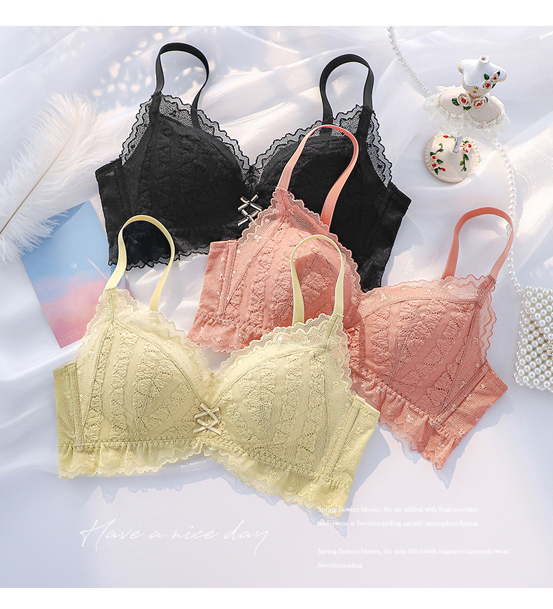 Puff manga de encaje con volantes pequeño pecho push up ropa interior ligera hermosa chica sujetador ajustable inalámbrico 606