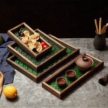 复古绿色海棠花托盘玻璃海棠花托盘实木小茶盘杯子点心水果盘现货