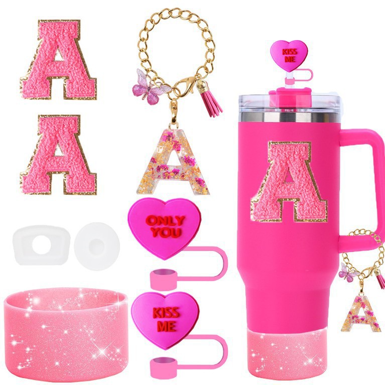 7pcs taza Stanley cuerda de mano colgante de silicona flor tapa de pajita bola de felpa colgante de copa cadena de taza de color