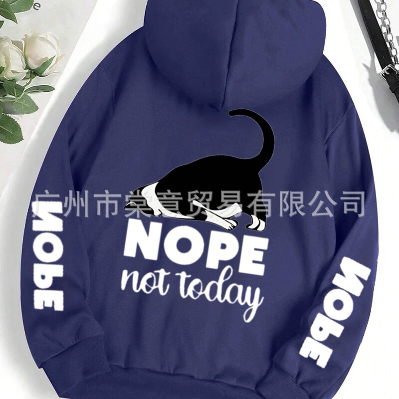 Casual Women's Hoodies Not Today's Cute Cat Print Pullover Loose Pocket Warm Sweatshirt Autumn