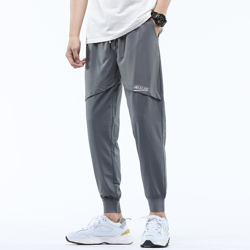 Camisa menos ropa de verano de seda de hielo de malla delgada pantalones casuales de los hombres de aire acondicionado harén atados al tobillo gris deportes pantalones cortos