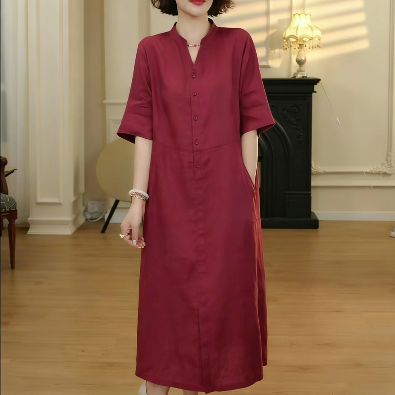 2026 Summer Mid-Sleeve Plus-Size Dress for Middle-Aged and Elderly Mothers, V-Neck, Tummy-Covering, Solid Color, Breathable, Mid-Length Dress 2026 Summer Mid-Sleeve Plus-Size Dress for Middle-Aged and Elderly Mothers, V-Neck, Tummy-Covering, Solid Color, Breathable, Mid-Length Dress