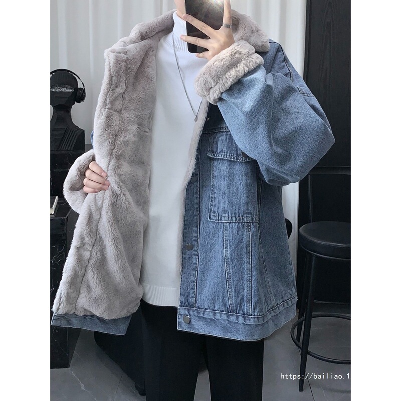 Men's Winter Thickened Fleece Denim Jacket with Faux Rabbit Fur, Lamb Fleece Collar, Warm Cotton Coat for Winter