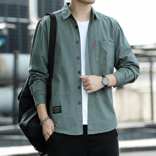 Japanese retro work-style crew neck shirt for men, long sleeve, Korean version, trendy loose pocket shirt, versatile casual outerwear for youth