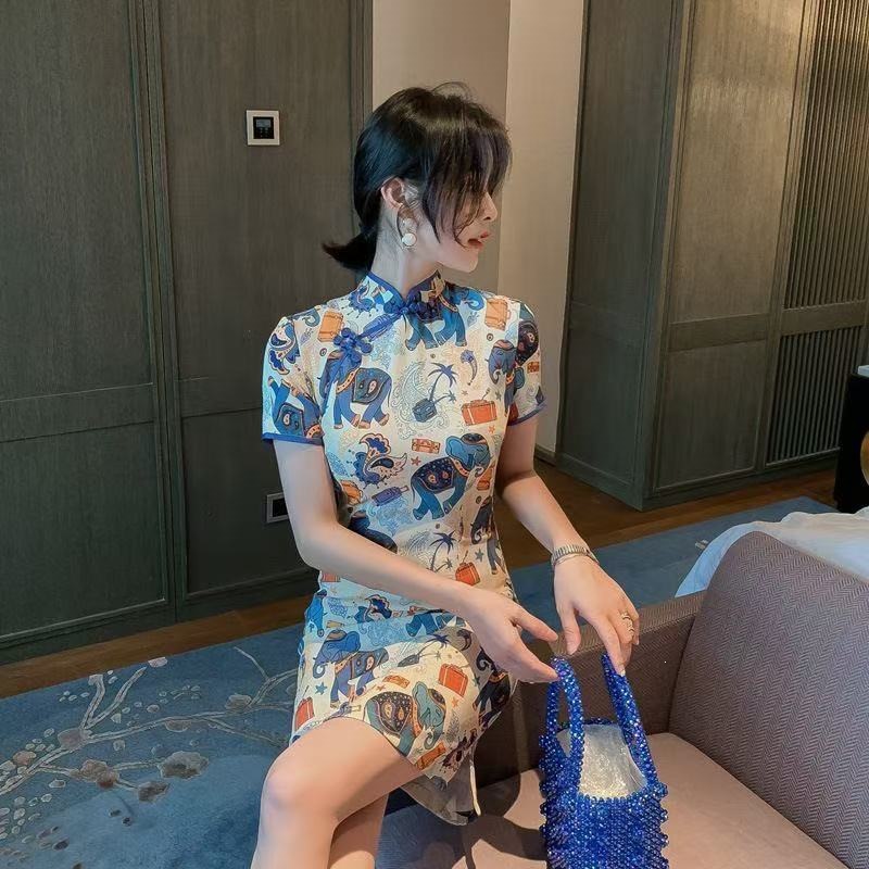 2026 new summer improved cheongsam dress, printed cheongsam, youthful dress, summer new Chinese style, waist-cinching, short, and slimming