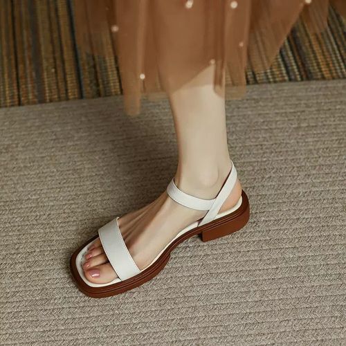 Cooling Sandals for Women - Summer Flat Soft Sole Genuine Leather French Roman Sandals with One Strap Buckle - Wide Size 35-42 Rough Heel