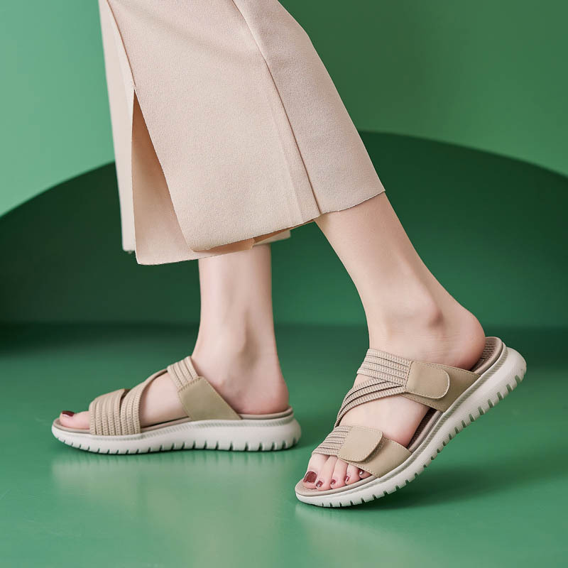 Dép sandal nữ xỏ ngón đế bệt thể thao co giãn cỡ lớn — Màu đen, Màu xanh lam, Màu mơ