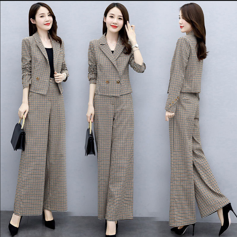 GraceChic Plaid Suit For Women Spring And Autumn 2023 New Korean Style Fashionable Age-Reducing Elegant Wide-Leg Pants Two-Piece_voghion.com
