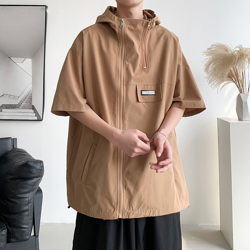2026 New Chinese Style Summer Solid Color D Casual Short-Sleeve Shirt Men's Hooded Zipper Decorative Shirt Trendy T-Shirt