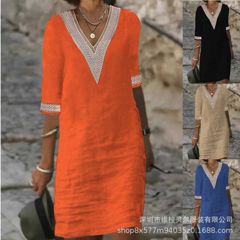 A Large Number of Stock European and American Clothing Amazon Independent Station Pure Color V Neck Lace Edge Mid-Sleeve Cotton and Linen Casual Dress