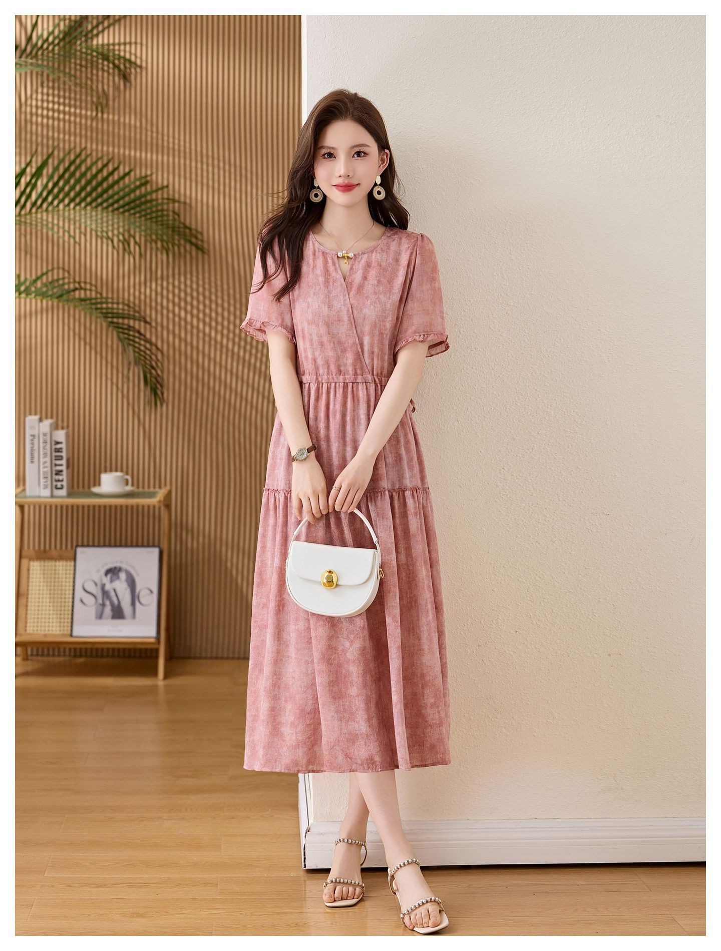 Đầm maxi nữ thắt eo cổ V tay ngắn họa tiết hoa dáng dài GT8207 — xanh lam, Màu hồng chi tiết 20