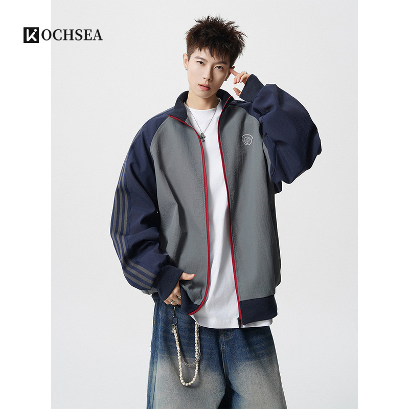 American Trendy Brand Contrasting Color Stitching Stand Collar Jacket Men's Autum Retro Loose Versatile Sports Stripesd Zipper Jacket American Trendy Brand Contrasting Color Stitching Stand Collar Jacket Men's Autum Retro Loose Versatile Sports Stripesd Zipper Jacket
