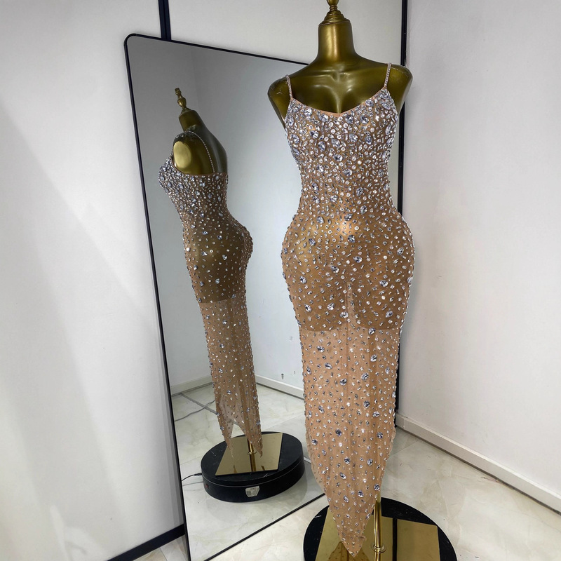 Cross-Border Foreign Trade New Rhinestone Printed Mesh Suspender Long Skirt European and American Sexy Banquet Red Carpet Party Dress Skirt