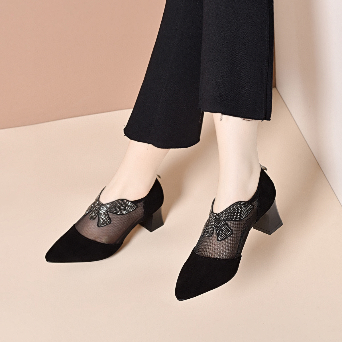 Giày sandal nữ mũi nhọn da thật lưới đính đá gót vuông 3 cm thoáng khí — Đen--3CM