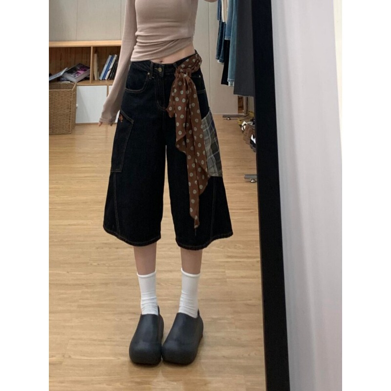 American Retro Denim Cropped Pants for Women, Summer Thin Design, Loose High-Waisted Straight Wide-Leg Shorts American Retro Denim Cropped Pants for Women, Summer Thin Design, Loose High-Waisted Straight Wide-Leg Shorts