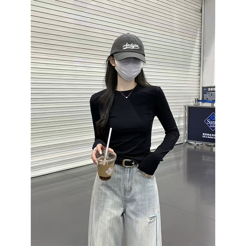 Moses魔西女王秋冬韩版圆领修身上衣纯色鱼骨设计百搭长袖打底T恤|undefined