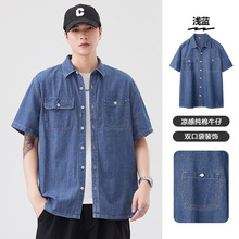 2025年新款男士牛仔短袖衬衫夏季薄款工装休闲衬衣外套男装
