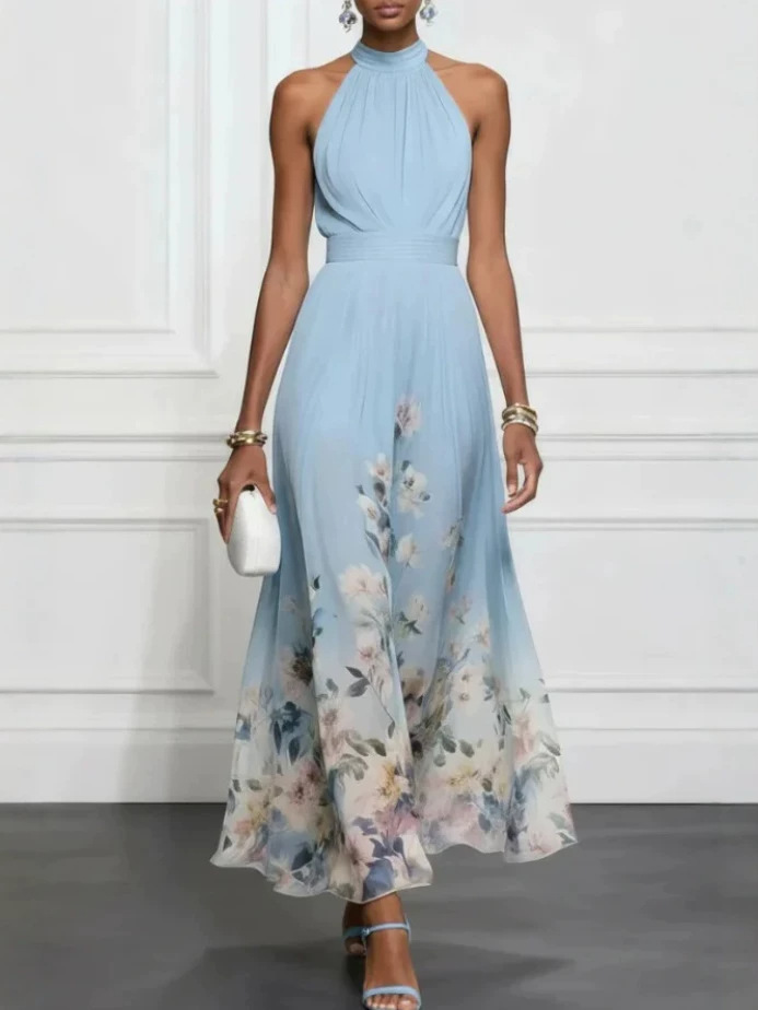 2026 New European and American Style Amazon Independent Site Halter Neck Sleeveless Tie-Up Printed Elegant Long Dress