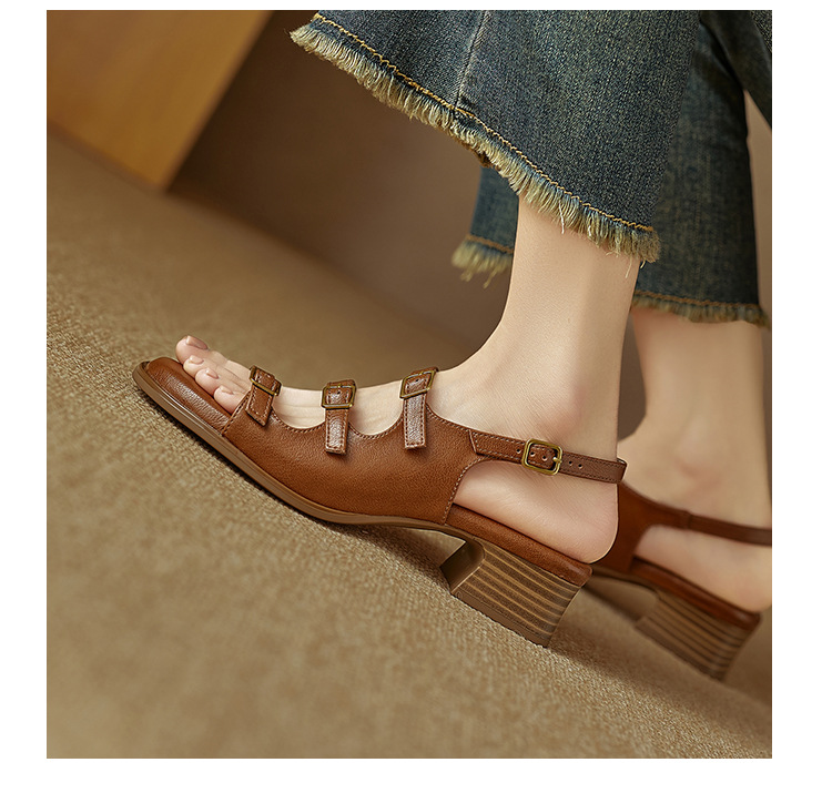Sandal hở mũi nữ quai ngang gót thấp phong cách La Mã đơn giản — màu nâu chi tiết 20